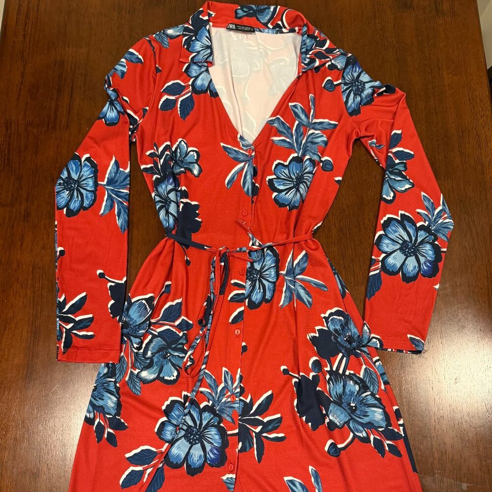 ZARA Red Floral Maxi Dress – Button Front, Long Sleeve, Size S